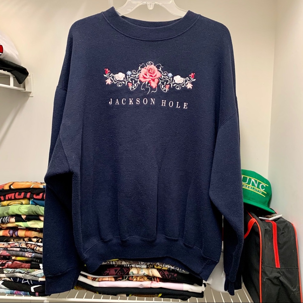 Men’s Vintage Crewneck Sweatshirt XL Jackson Hole Wyoming Flowers 90s